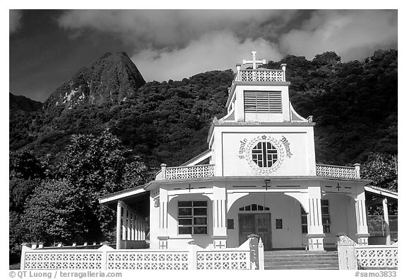 Church and verdant hills in Afono. Tutuila, American Samoa (black and white)