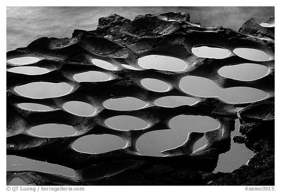 Water-filled ancient grinding stones (foaga) near Leone at sunset. Tutuila, American Samoa (black and white)