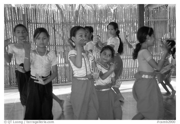 Girls learn traditional dancing at  Apsara Arts  school. Phnom Penh, Cambodia (black and white)