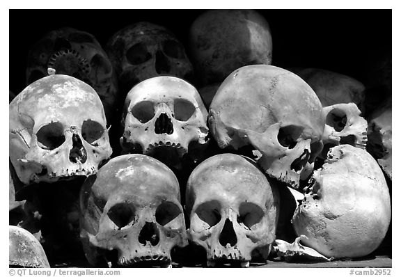 Human Skulls, Choeng Ek Killing Fields memorial. Phnom Penh, Cambodia (black and white)