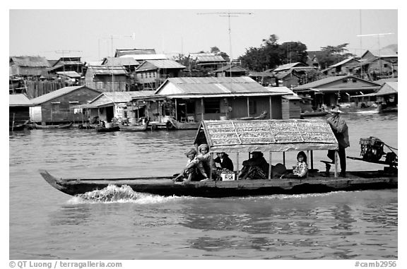 Motor boat along Tonle Sap river. Cambodia (black and white)
