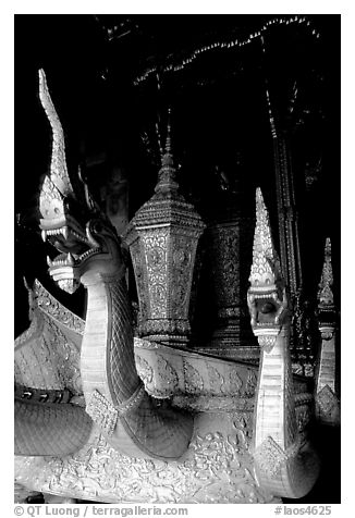 Funeral vehicle at Wat Xieng Thong. Luang Prabang, Laos (black and white)