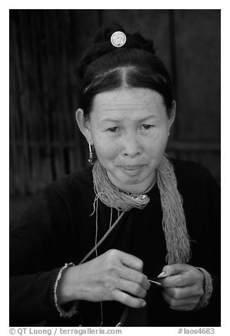 Woman of the Lao Huay tribe in Ban Nam Sang village. Laos (black and white)