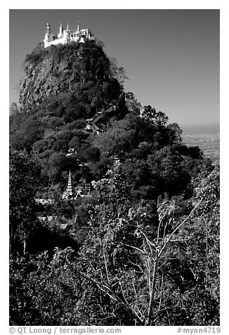 Complex of monestaries on a volcanic spire. Mount Popa, Myanmar (black and white)