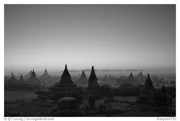 Sunrise over the plain doted with 2000 temples. Bagan, Myanmar (black and white)