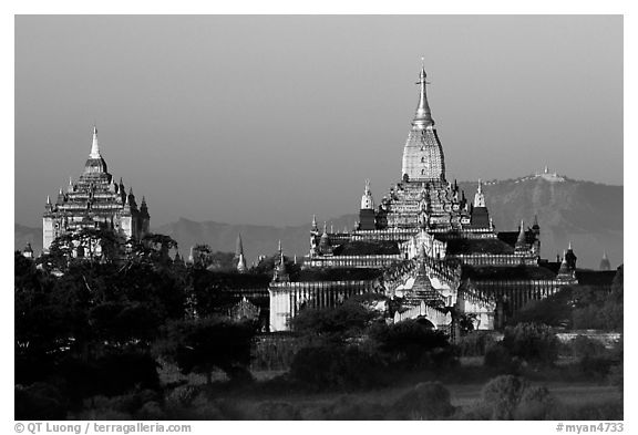 Ananda and Thatbyinnyu pahtos. Bagan, Myanmar (black and white)