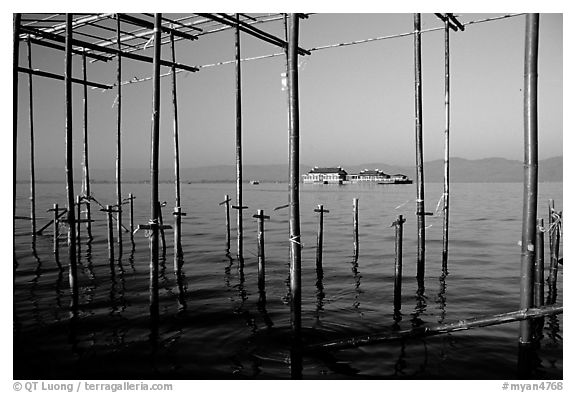 Stilts huts and temple. Inle Lake, Myanmar (black and white)