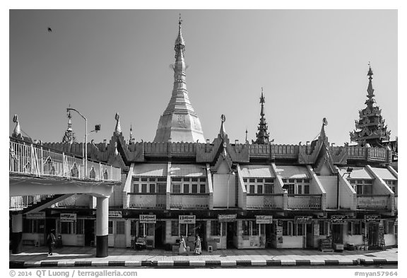 Shops around Sule Pagoda. Yangon, Myanmar (black and white)