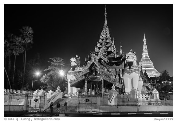 Southern gate guarded by two leogryphs and Main Stupa at night, Shwedagon Pagoda. Yangon, Myanmar (black and white)