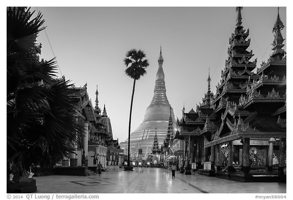 Buddha Footprint Hall and main stupa at dawn, Shwedagon Pagoda. Yangon, Myanmar (black and white)