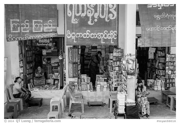 Bookstores along southern stairway. Yangon, Myanmar (black and white)