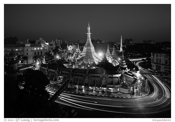 Traffic circle around Sule Pagoda at dusk. Yangon, Myanmar (black and white)