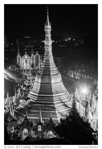 Sule Pagoda and Emmanuel Baptist Church at night. Yangon, Myanmar (black and white)