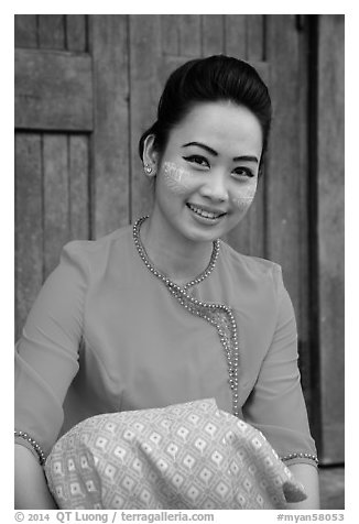 Young modern burmese woman with thanaka paste. Yangon, Myanmar (black and white)