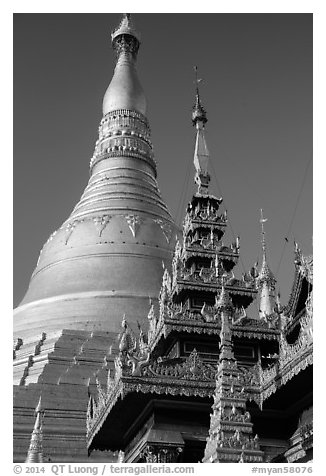 Roof of shrine and main spire, Shwedagon Pagoda. Yangon, Myanmar (black and white)