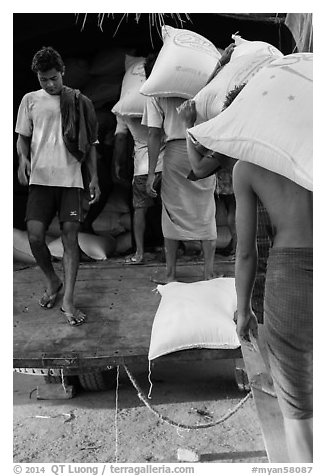 Workers load bags of rice into truck, Sinodan pier. Yangon, Myanmar (black and white)