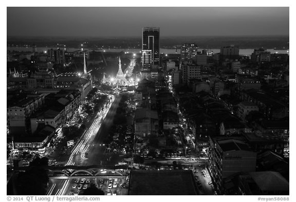 Elevated view of city center at dusk with Sule Pagoda and Yangon River. Yangon, Myanmar (black and white)