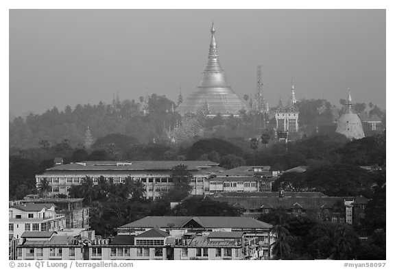 Singuttara Hill topped by Shwedagon Pagoda. Yangon, Myanmar (black and white)