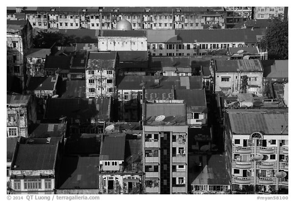 Residential buildings from above. Yangon, Myanmar (black and white)
