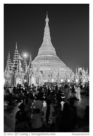 Golden dome seen from the Victory Ground at dusk, Shwedagon Pagoda. Yangon, Myanmar (black and white)