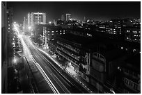 Street from above at night. Yangon, Myanmar ( black and white)