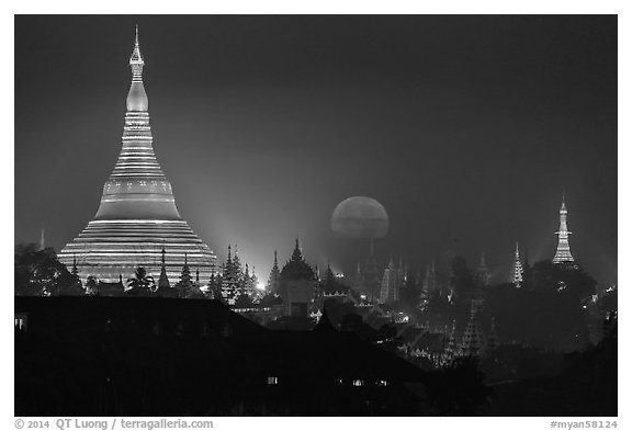 Moonset over Shwedagon Pagoda. Yangon, Myanmar (black and white)