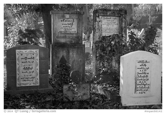 Headstones in Muslim Cemetery. Yangon, Myanmar (black and white)