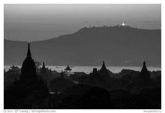 Temples and Ayeyarwaddy River at dusk. Bagan, Myanmar (black and white)