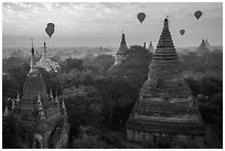 Temples and hot air ballons at sunrise. Bagan, Myanmar ( black and white)