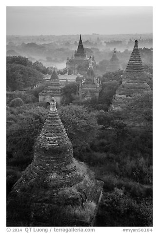 Aerial view of ancient temples. Bagan, Myanmar (black and white)
