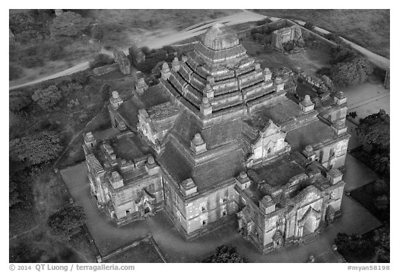 Aerial view of Dahmmayan Temple. Bagan, Myanmar (black and white)