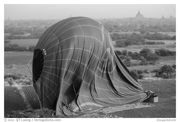 Aerial view of landed hot air balloon. Bagan, Myanmar (black and white)