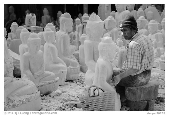 Worshop producing buddha statues on Marble street. Mandalay, Myanmar (black and white)