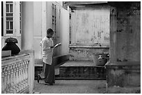 Nun reading, Zayar Theingi Nunnery, Sagaing. Myanmar ( black and white)