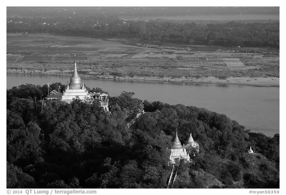 Ayeyarwady River and pagodas from Sagaing Hill. Myanmar (black and white)