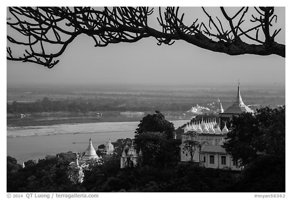 Ayeyarwady river and pagodas seen from Sagaing Hill. Myanmar (black and white)