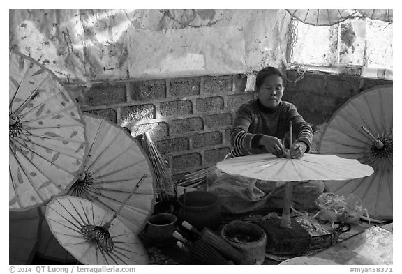 Paper umbrella workshop. Pindaya, Myanmar (black and white)