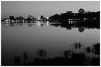 Illuminated pagoda reflected in Pone Tanoke Lake. Pindaya, Myanmar ( black and white)