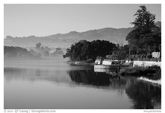 Pone Tanoke Lake with early morning mist. Pindaya, Myanmar (black and white)