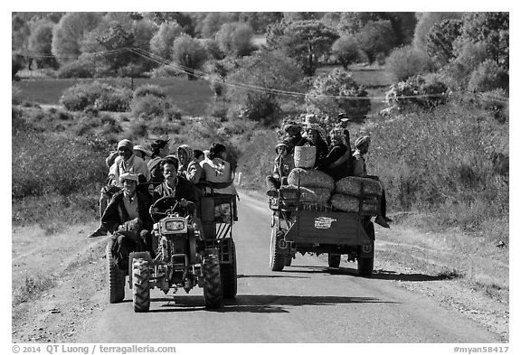 Tractors loaded with passengers. Shan state, Myanmar (black and white)