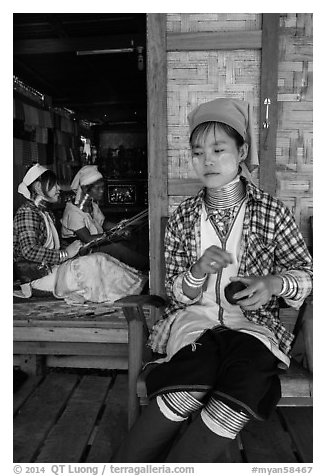 Kayan women at Win Yadanar workshop, Ywama Village. Inle Lake, Myanmar (black and white)