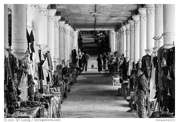 Covered walkway to Shwe Indein Pagoda lined up with vendors in 2014. Inle Lake, Myanmar (black and white)