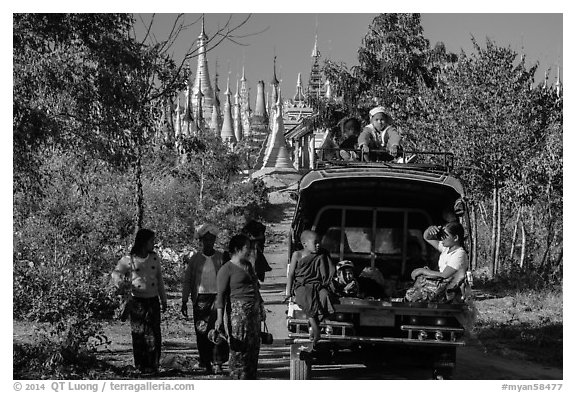 Villagers and truck near Shwe Indein Pagoda. Inle Lake, Myanmar (black and white)