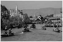 Small boats and shrines, Ywama Village. Inle Lake, Myanmar ( black and white)