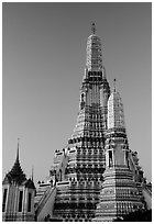 Prang (khmer style tower) of Wat Arun,sunrise. Bangkok, Thailand (black and white)