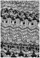 Ornementation detail of the prang, combining khmer and thai styles, Wat Arun. Bangkok, Thailand (black and white)