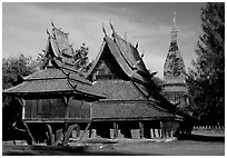 Thai rural temple architecture in northern style. Muang Boran, Thailand (black and white)