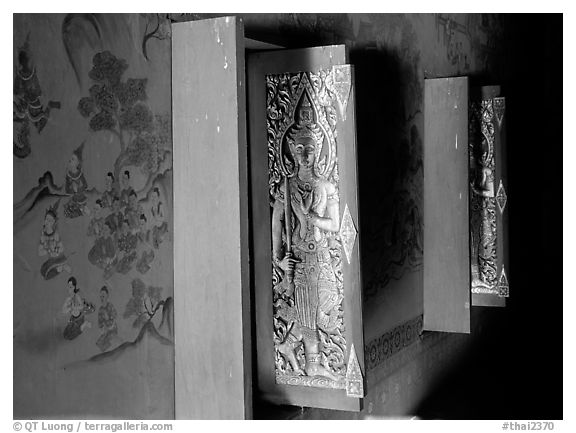 Windows and mural paintings. Muang Boran, Thailand (black and white)