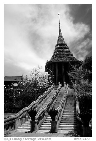 Stairs with snake-shaped ramp. Muang Boran, Thailand (black and white)