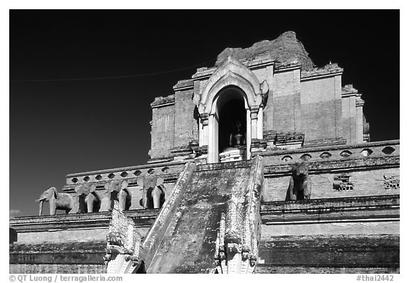 Ruined Wat Chedi Luang with elephants in the pediment. Chiang Mai, Thailand (black and white)